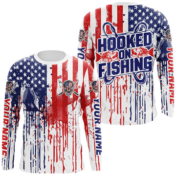Maxcorners Hooked On Fishing Custom Skull Fishing Shirts, American Flag Patriotic Long Sleeve Fishing Shirt LM0501