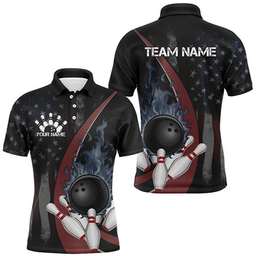 Maxcorners American Flag Evil Bowling Gifts for Men Team with Name Polo & 1/4 Zip