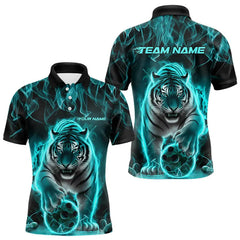 Maxcorners Custom Black And Cyan Flame Tiger Bowling Team Polo Shirts For Men, Fire Bowling Jerseys