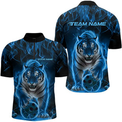 Maxcorners Custom Black And Blue Flame Tiger Bowling Team Polo Shirts For Men, Fire Bowling Jerseys