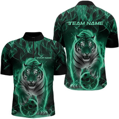 Maxcorners Custom Black And Green Flame Tiger Bowling Team Polo Shirts For Men, Fire Bowling Jerseys