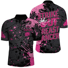Maxcorners Black And Pin Strike Out Breast Cancer Pink Ribbon Custom Breast Cancer Bowling Shirt For Men LM1610