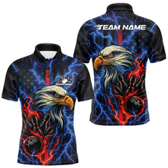 Maxcorners Custom Red And Blue Lightning Flame Eagle Men Bowling Shirt, Patriotic US Team Shirt LM2711