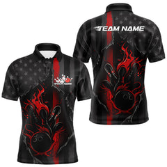 Maxcorners Custom Red Thin Line American Flag Patriotic Flame Bowling Team Men Polo Shirts LM2711