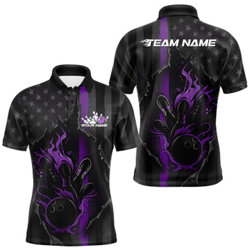 Maxcorners Custom Purple Thin Line American Flag Patriotic Flame Bowling Team Men Polo Shirts LM2711