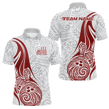 Maxcorners Custom Red Polynesian Tribal Bowling Men Polo Shirt, Maori Style Bowling Shirt