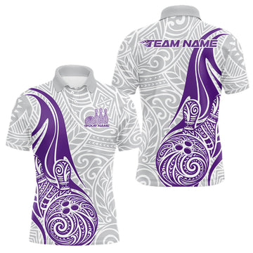 Maxcorners Custom Purple Polynesian Tribal Bowling Men Polo Shirt, Maori Style Bowling Shirt