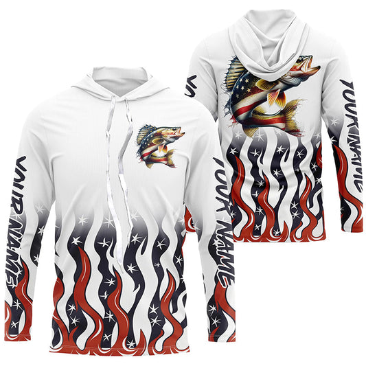 Maxcorners Personalized American Flag Walleye Long Sleeve Fishing Shirts, Patriotic Walleye Fishing Gifts LM0501