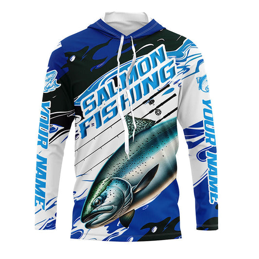Maxcorners Custom Chinook Salmon Long Sleeve Tournament Fishing Shirts, King Salmon Fishing Jerseys | Blue Camo LM0201