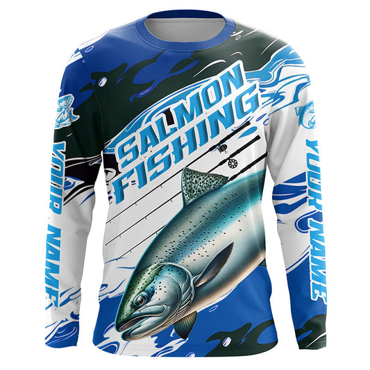 Maxcorners Custom Chinook Salmon Long Sleeve Tournament Fishing Shirts, King Salmon Fishing Jerseys | Blue Camo LM0201