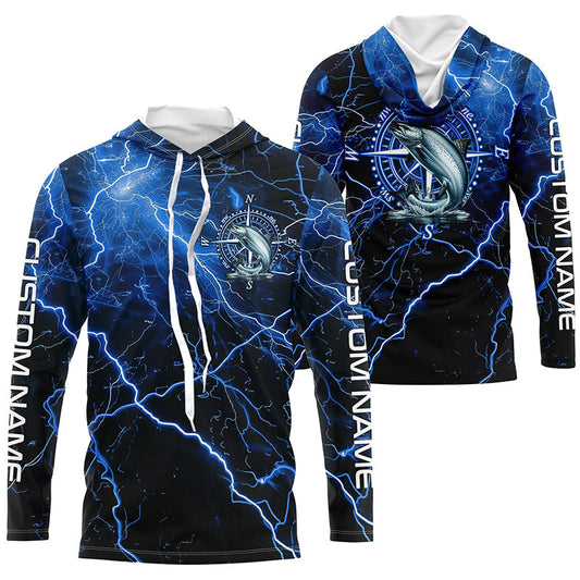 Maxcorners Black And Blue Thunder Lightning Chinook Salmon Fishing Custom Long Sleeve Saltwater Fishing Shirts LM0201