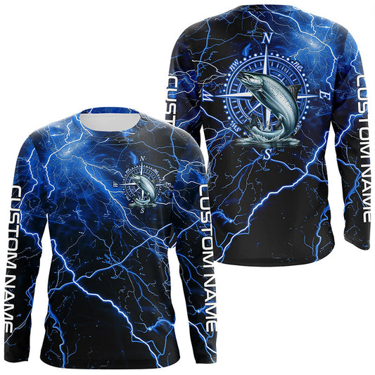 Maxcorners Black And Blue Thunder Lightning Chinook Salmon Fishing Custom Long Sleeve Saltwater Fishing Shirts LM2408