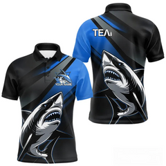 Maxcorners Custom Black And Blue Shark Bowling Jerseys, Bowling Team Uniform Shark Men Polo Shirts LM283