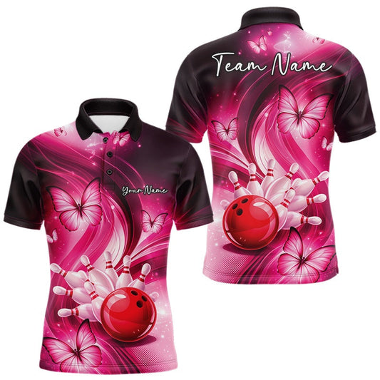 Maxcorners Custom Pink Butterfly Bowling Men Polo Shirts, Team Tournament Bowlers Outfit LM2603