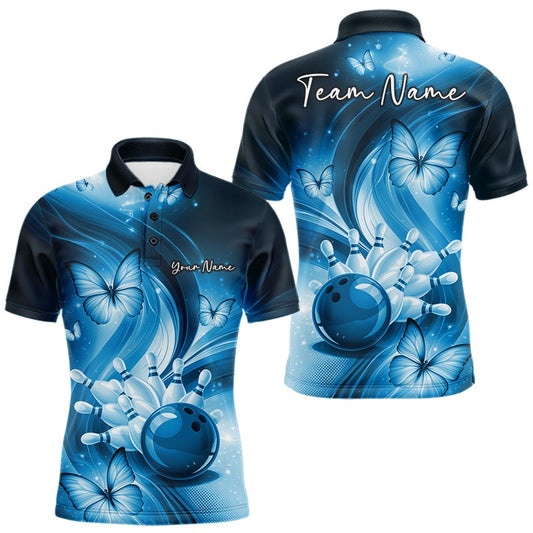 Maxcorners Custom Blue Butterfly Bowling Men Polo Shirts, Team Tournament Bowlers Outfit LM2603