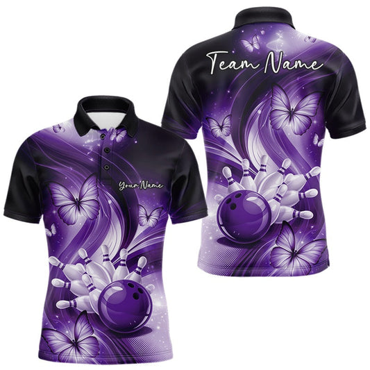 Maxcorners Custom Purple Butterfly Bowling Men Polo Shirts, Team Tournament Bowlers Outfit LM2603