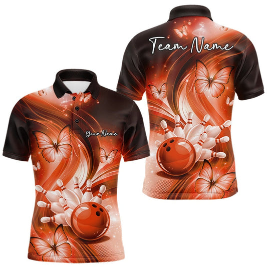 Maxcorners Custom Orange Butterfly Bowling Men Polo Shirts, Team Tournament Bowlers Outfit LM2603