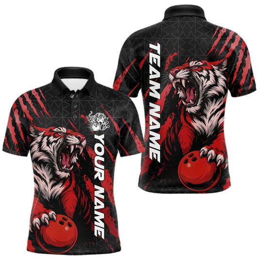 Maxcorners Custom Mens Roaring Tiger Bowling Jerseys Polo With Claw Design | Black And Red