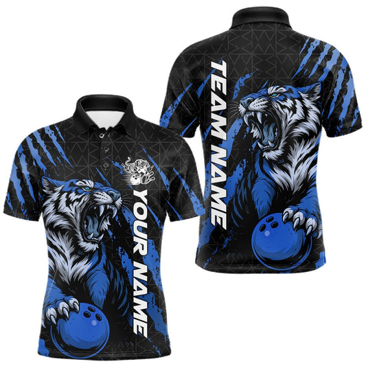 Maxcorners Custom Mens Roaring Tiger Bowling Jerseys Polo With Claw Design | Black And Mid Blue