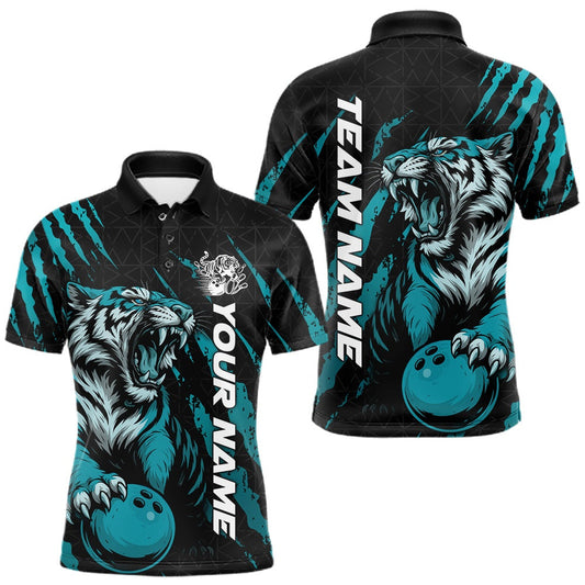 Maxcorners Custom Mens Roaring Tiger Bowling Jerseys Polo With Claw Design | Black And Teal Blue