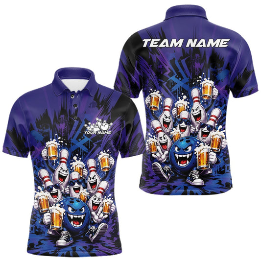 Maxcorners Custom Blue And Purple Bowling Beer Party Men Polo Shirt With Funny Ball And Pins LM0607