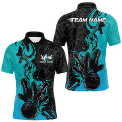 Maxcorners Custom Black And Cyan Fire Flame Bowling Team Men Polo Shirts, Bowling League Shirt LM2711