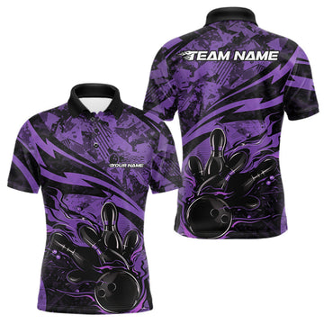 Maxcorners Custom Purple Camo Flame Bowling Men Polo Shirts, Camouflage Bowling Team Jerseys