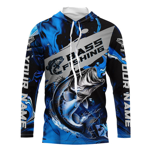 Maxcorners Personalized Bass Fishing Jerseys, Bass Long Sleeve Tournament Fishing Shirts For Men | Blue Camo LM0201