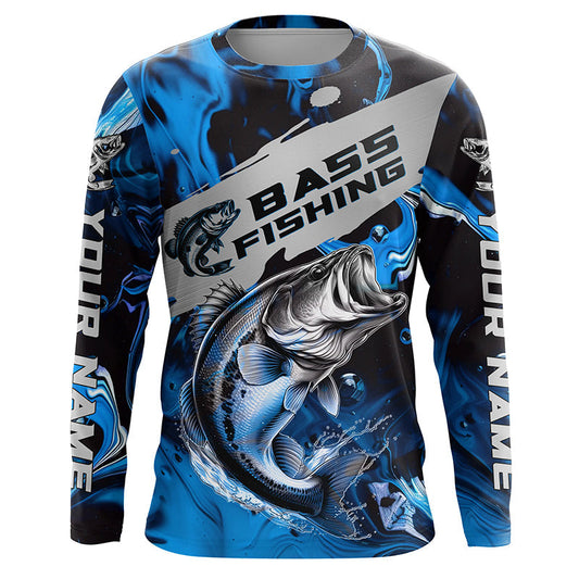 Maxcorners Personalized Bass Fishing Jerseys, Bass Long Sleeve Tournament Fishing Shirts For Men | Blue Camo LM0201