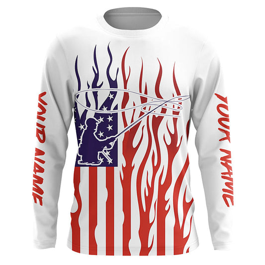 Maxcorners Flame American Flag Custom Flyfishing Shirts, Patriotic Fly Fishing Fisherman Fishing Jerseys LM0501