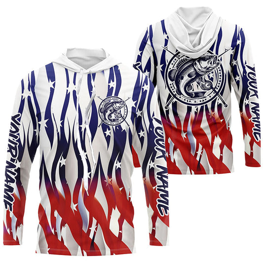 Maxcorners Flaming American Flag Custom Bass Long Sleeve Fishing Shirts, Patriotic Bass Fishing Jerseys LM0501