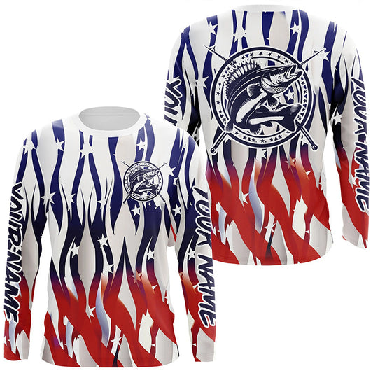Maxcorners Flaming American Flag Custom Walleye Long Sleeve Fishing Shirts, Patriotic Walleye Fishing Jerseys LM0501