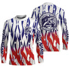 Maxcorners Flaming American Flag Custom Walleye Long Sleeve Fishing Shirts, Patriotic Walleye Fishing Jerseys LM0501