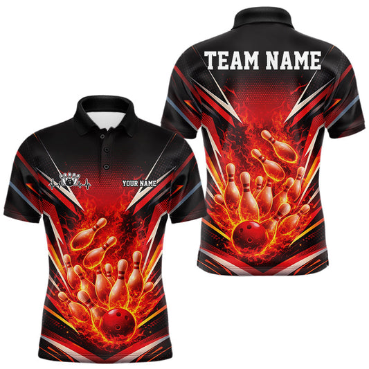 Maxcorners Custom Red Fire Flame Bowling Men Polo Shirt, Bowling Team Tournament Outfit LM1104