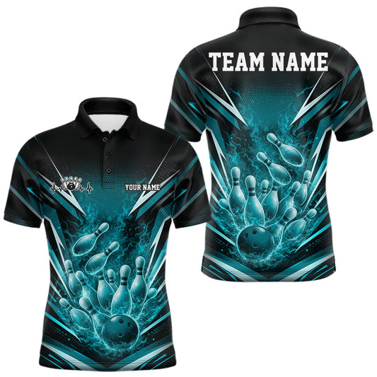 Maxcorners Custom Turquoise Blue Fire Flame Bowling Men Polo Shirt, Bowling Team Tournament Outfit LM1104