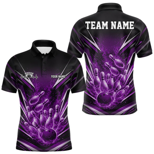 Maxcorners Custom Purple Fire Flame Bowling Men Polo Shirt, Bowling Team Tournament Outfit LM1104