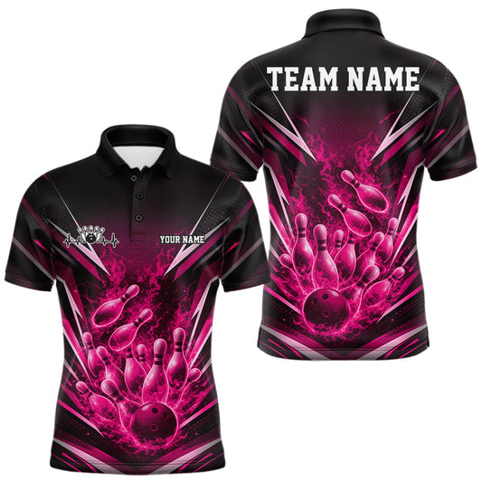 Maxcorners Custom Pink Fire Flame Bowling Men Polo Shirt, Bowling Team Tournament Outfit LM1104