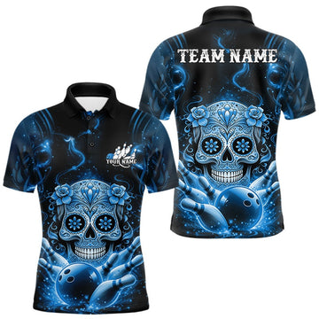 Maxcorners Custom Blue Sugar Skull Bowling Men Polo Shirt, Halloween Team Bowling Outfit LM1104