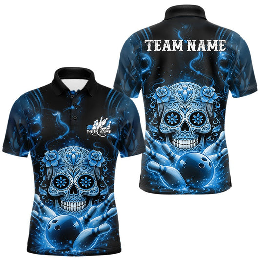Maxcorners Custom Blue Sugar Skull Bowling Men Polo Shirt, Halloween Team Bowling Outfit LM1104