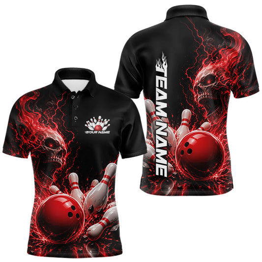 Maxcorners Custom Name Red Flame Skull Bowling Men Polo Shirts