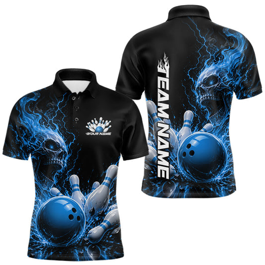 Maxcorners Custom Name Blue Flame Skull Bowling Men Polo Shirts