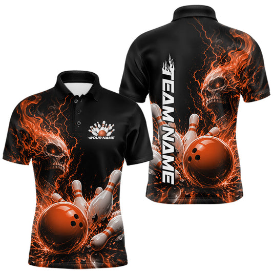 Maxcorners Custom Name Orange Flame Skull Bowling Men Polo Shirts