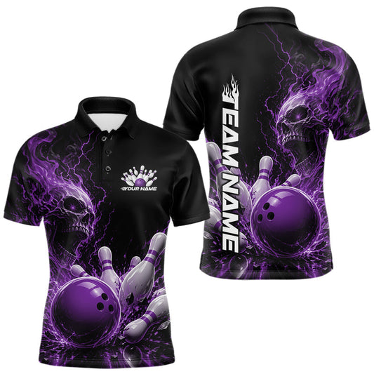 Maxcorners Custom Name Purple Flame Skull Bowling Men Polo Shirts