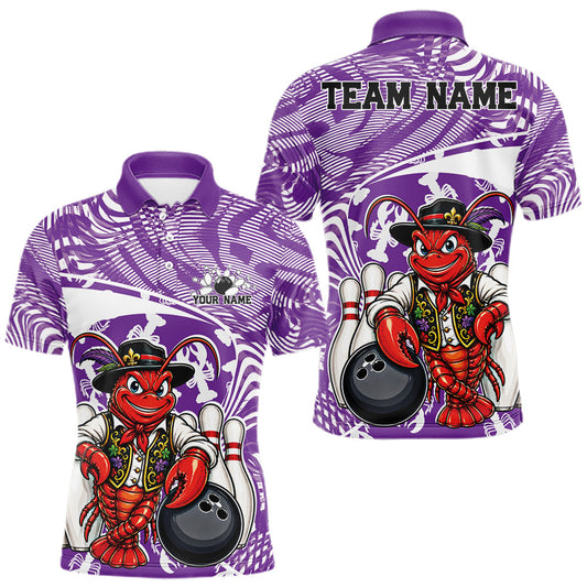 Maxcorners Custom Funny Cajun Crawfish Bowler Bowling Men Polo Shirt, Purple Team Sportwear