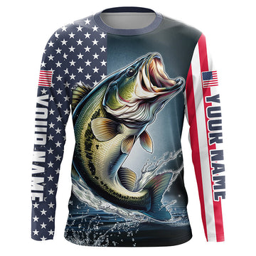 Maxcorners Personalized American Flag Bass Long Sleeve Fishing Shirts, Patriotic Bass Fishing Jerseys LM0501