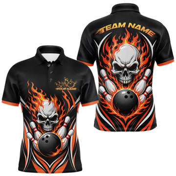 Maxcorners Custom Orange Flame Skull Bowling Men Polo Shirt, Halloween Bowling Jersey LM0208