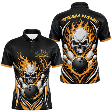 Maxcorners Custom Yellow Flame Skull Bowling Men Polo Shirt, Halloween Bowling Jersey LM0208