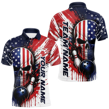 Maxcorners Custom Patriotic American Flag Skull Bowling Team Men Polo Shirt, US Flag Bowling Jerseys LM0208