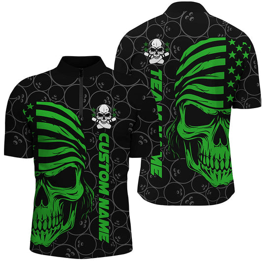 MaxCorners Bowling Ball And Pins American Flag Skull Multicolor Option Customized Name, Team Name 3D Stand Collar Zipper Polo Shirt