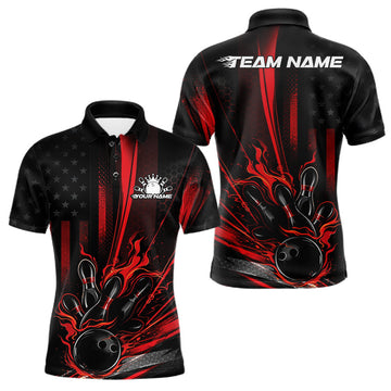 Maxcorners Custom Black And Red US Flag Patriotic Men Bowling Shirt, American Flame Bowling Jerseys LM2901